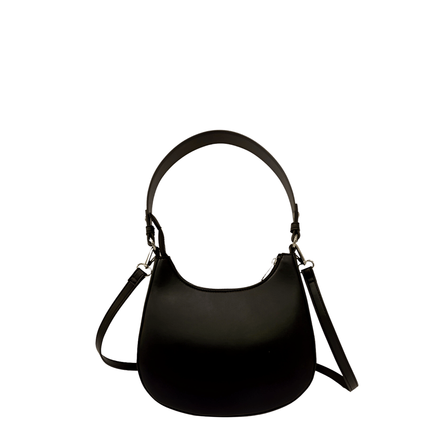 Black ladies structured handbag with top zip closure and detachable shouler strap
