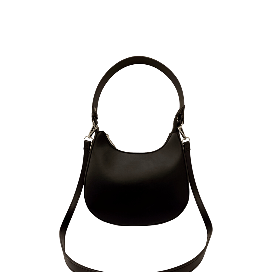 Black ladies structured handbag with top zip closure and detachable shouler strap