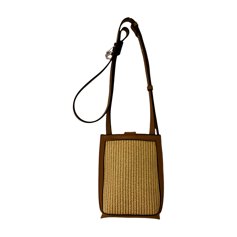 Beige straw ladies crossbody bag with brown trim PU and magnetic snap closure