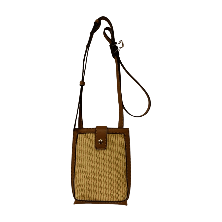Beige straw ladies crossbody bag with brown trim PU and magnetic snap closure
