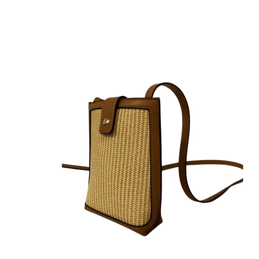 Beige straw ladies crossbody bag with brown trim PU and magnetic snap closure