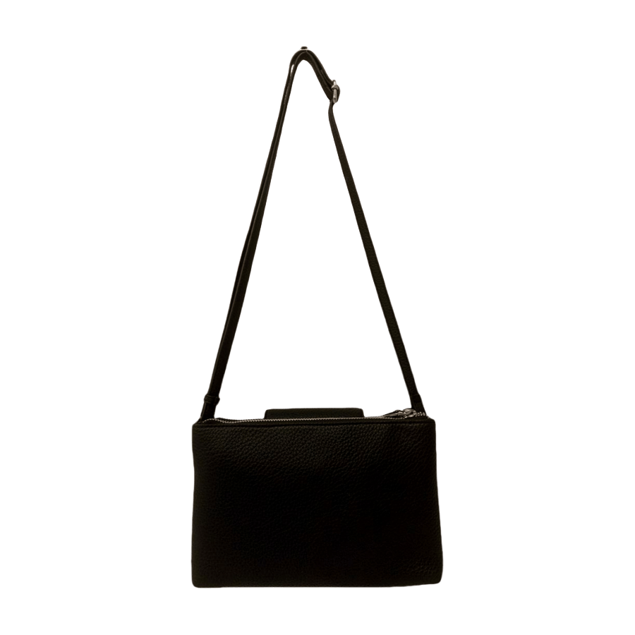 Black ladies crossbody bag with magnetic snap closure and double zip on the top