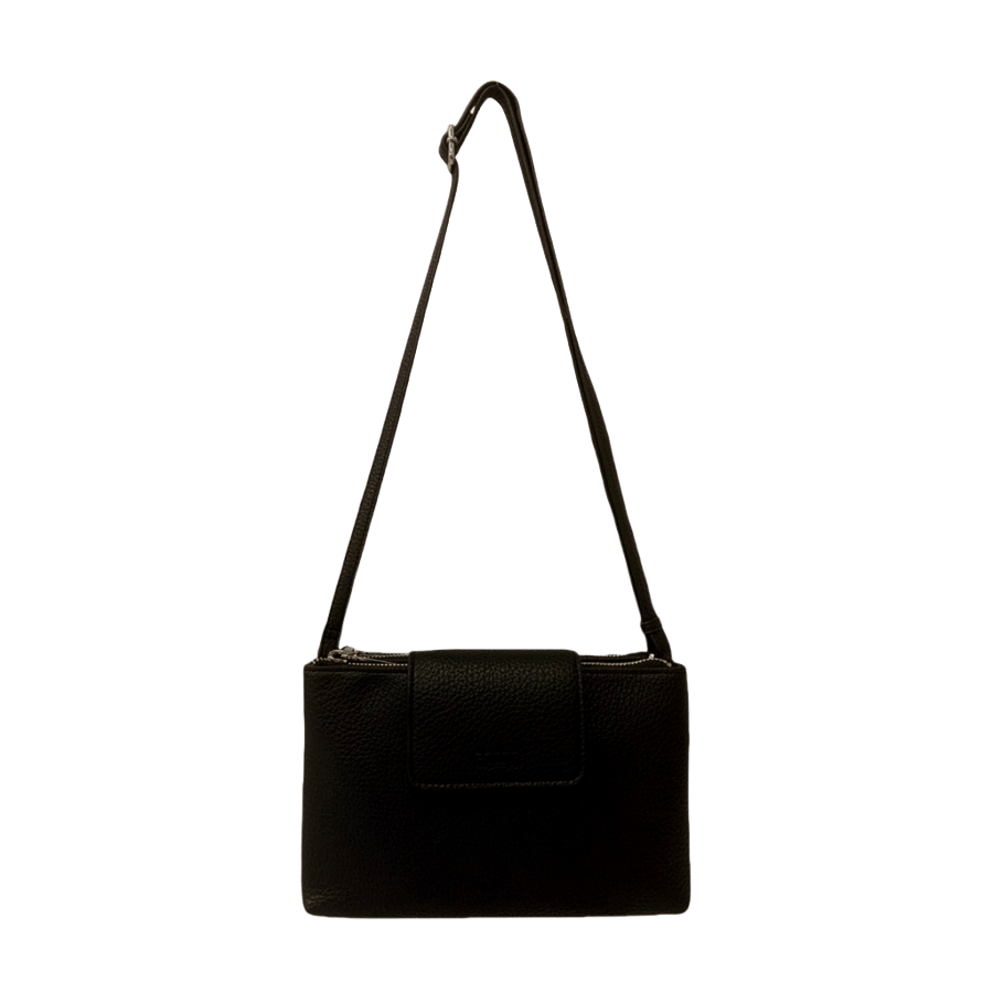 Black ladies crossbody bag with magnetic snap closure and double zip on the top