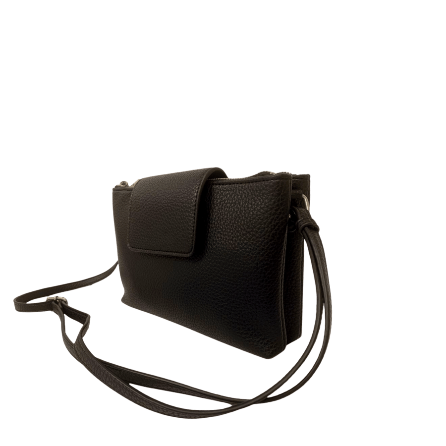 Black ladies crossbody bag with magnetic snap closure and double zip on the top