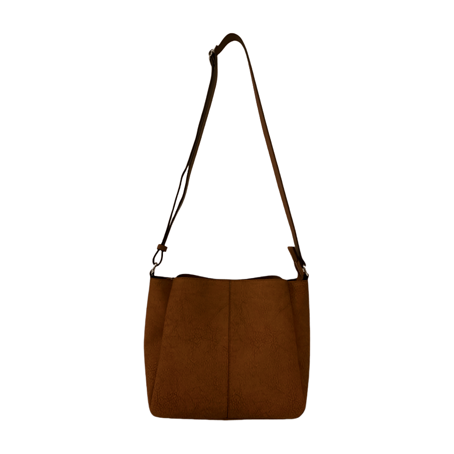 Grey ladies crossbody bag with magnetic snap closure and metal edge on the top