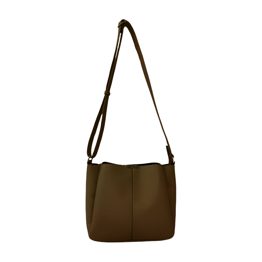Khaki ladies crossbody bag with metal edge on the top and contrast edge painting
