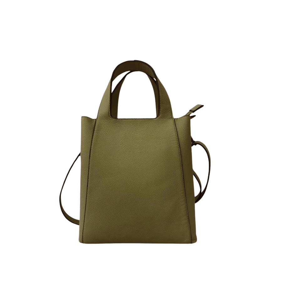 Khaki pebble PU ladies handlebag with contrast edge painting and magnetic snap closure