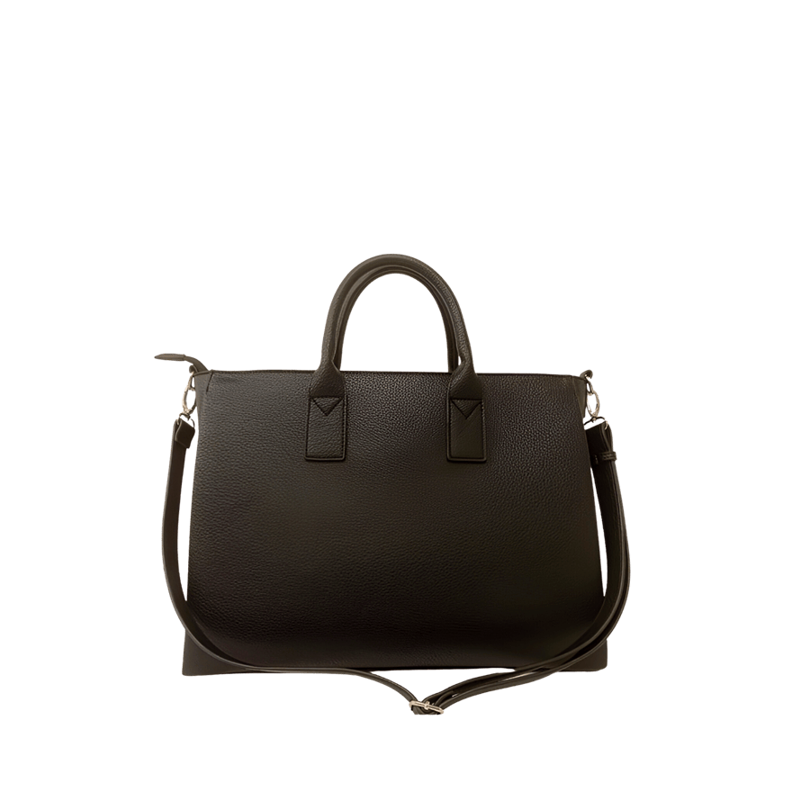 Brown handbag with front open pocket and top zip closure