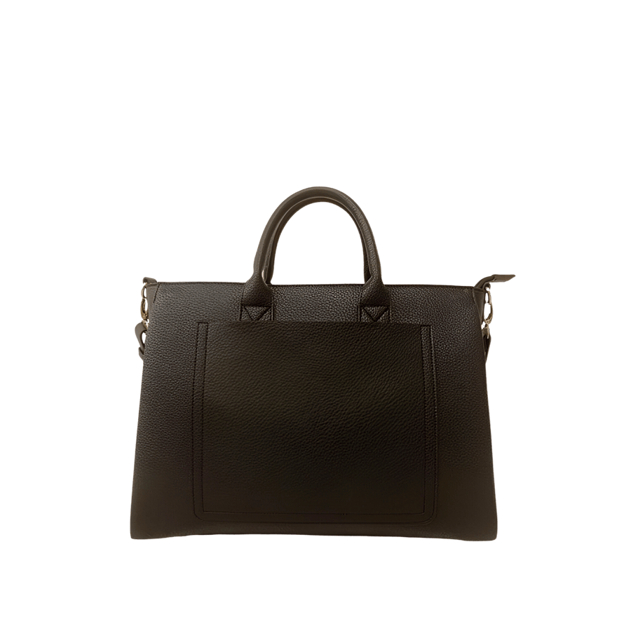 Brown handbag with front open pocket and top zip closure