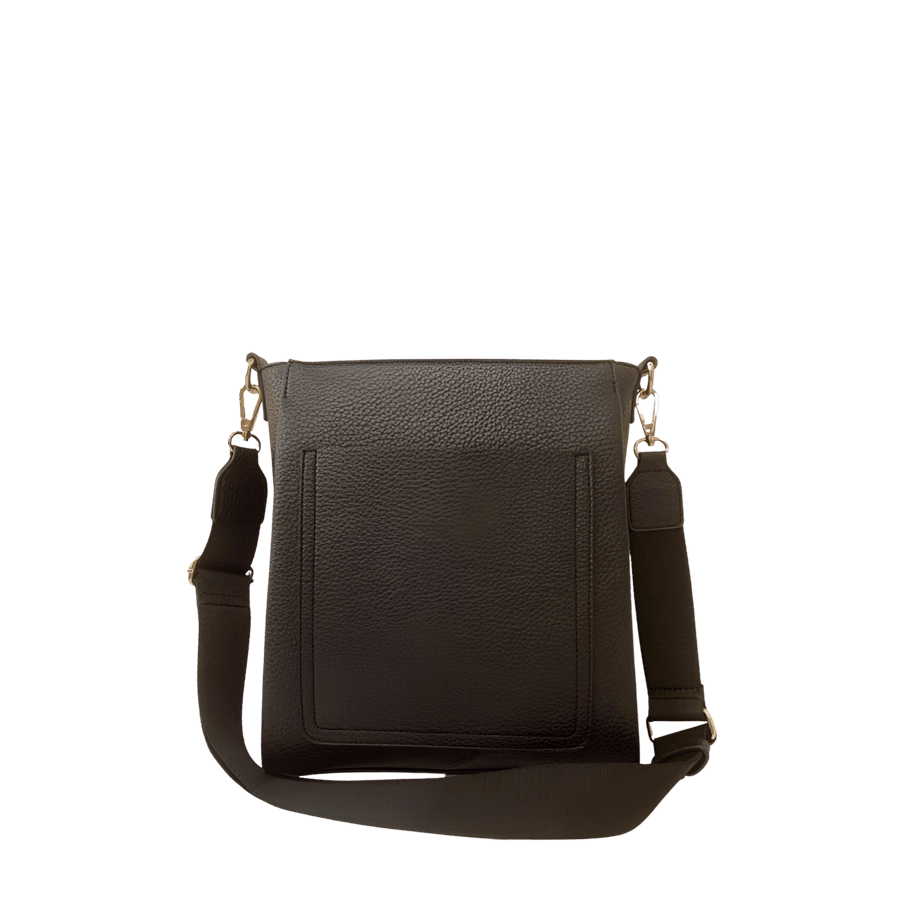 Brown crossbody bag with front open pocket and webbing shoulder strap