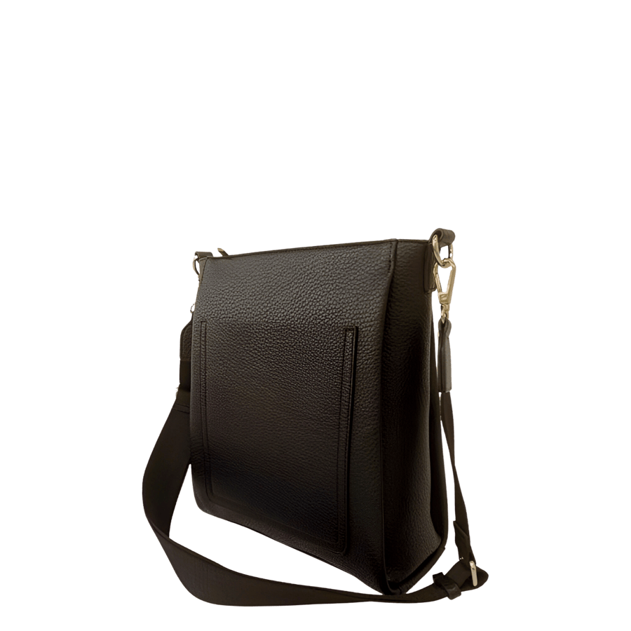 Brown crossbody bag with front open pocket and webbing shoulder strap