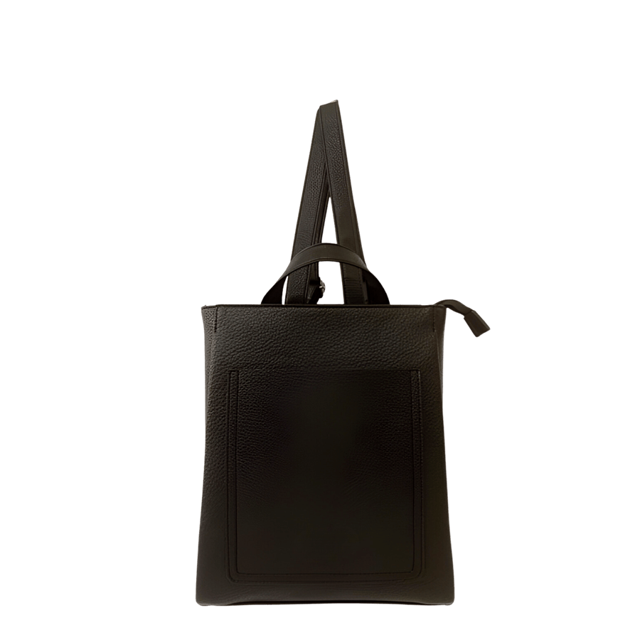 Black backpack with front open pocket and adjustable back straps