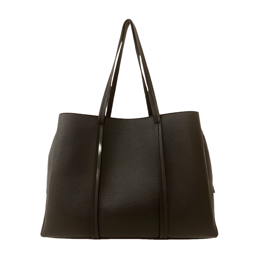 Black pebble PU ladies tote bag with long handle extend to the body and top zip closure