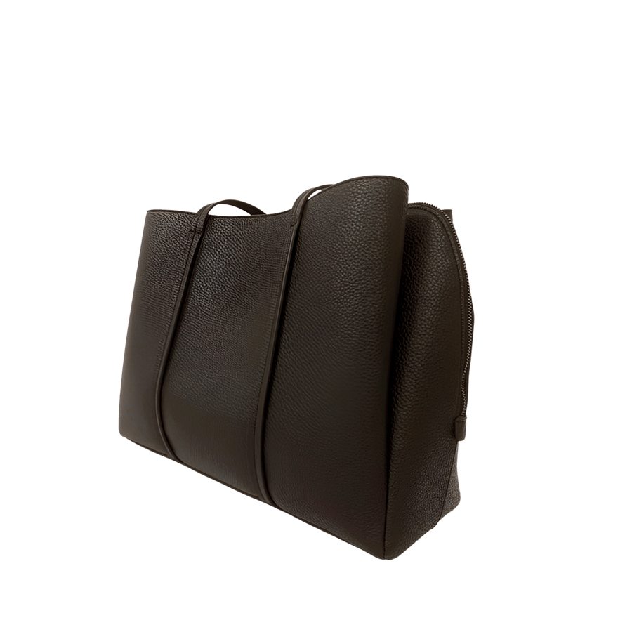 Black pebble PU ladies tote bag with long handle extend to the body and top zip closure