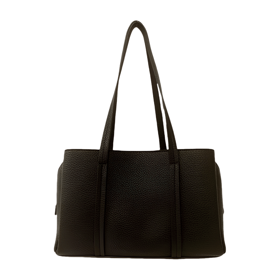 Black pebble PU ladies tote bag with long handle extend to the body and top zip closure