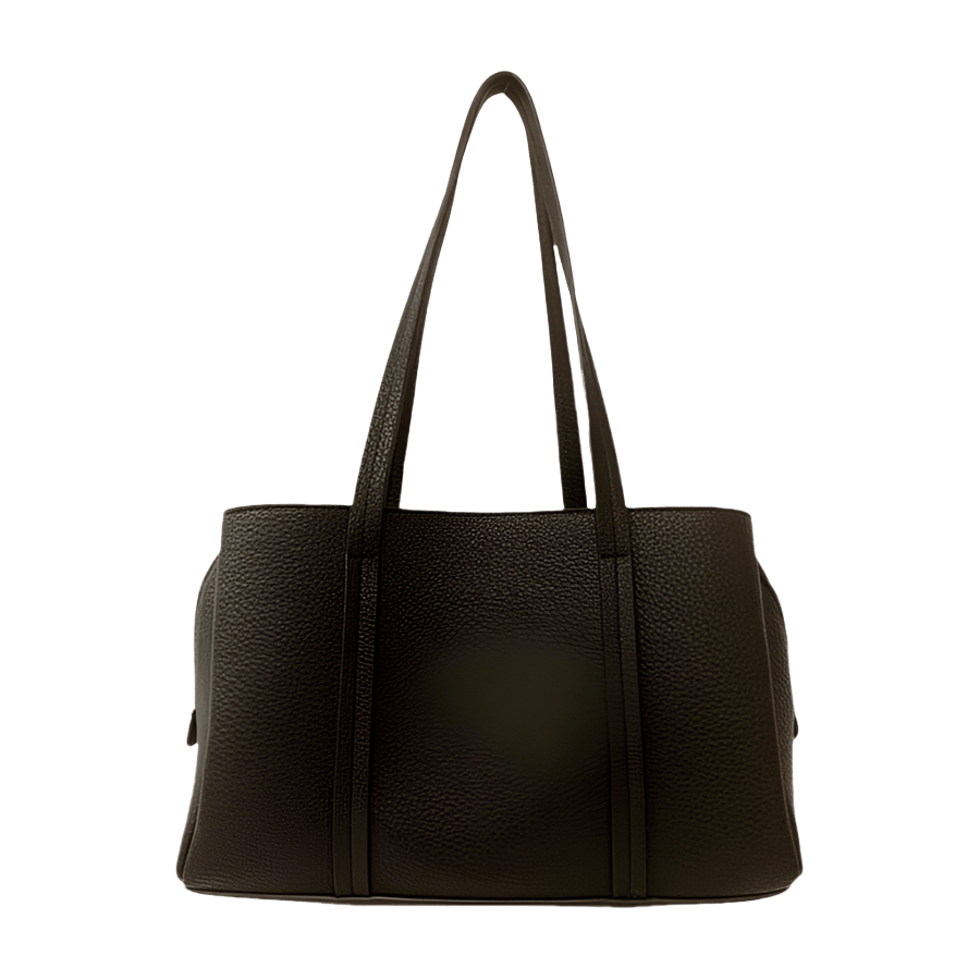 Black pebble PU ladies tote bag with long handle extend to the body and top zip closure