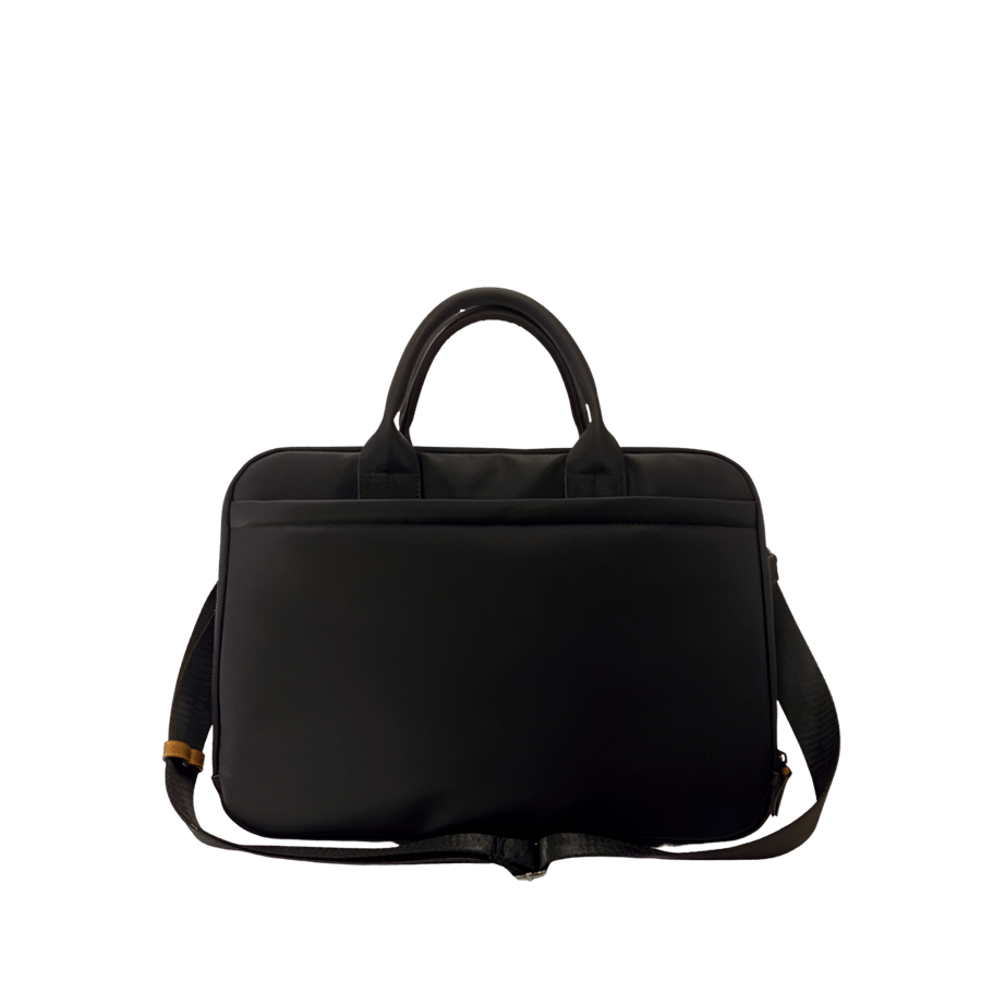Black briefcase with camel trim PU and front zip pocket
