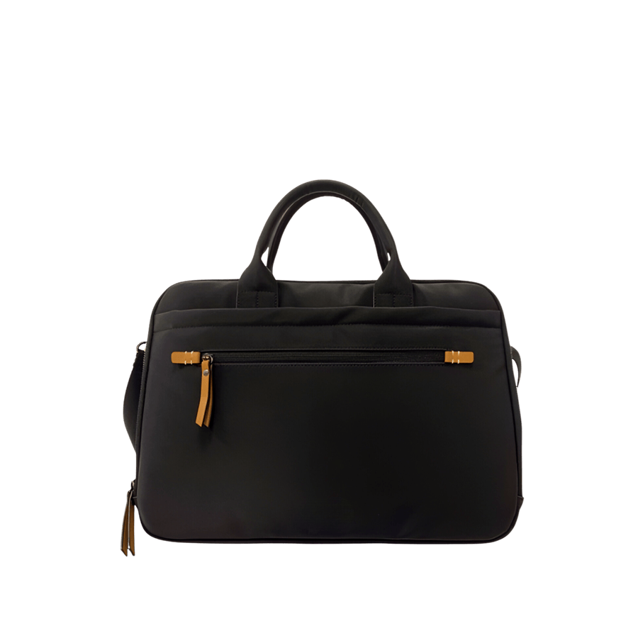 Black briefcase with camel trim PU and front zip pocket