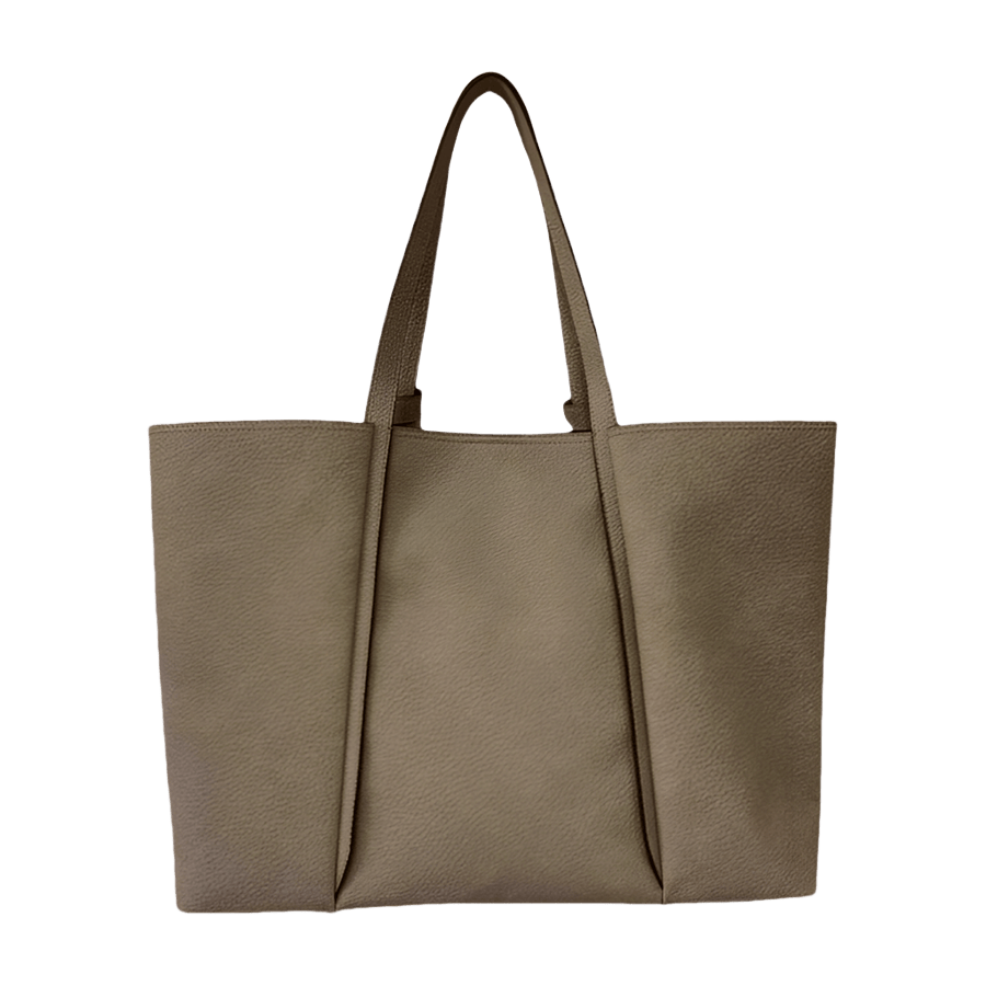 Grey ladies tote bag with knotted handle and metal plate on the front