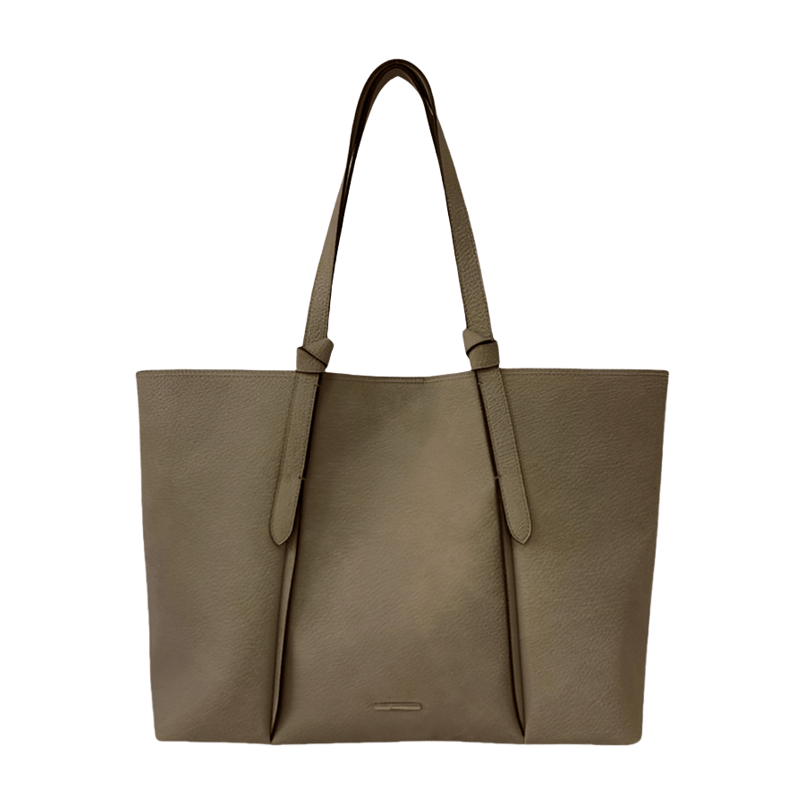 Grey ladies tote bag with knotted handle and metal plate on the front