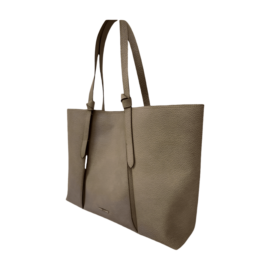Grey ladies tote bag with knotted handle and metal plate on the front