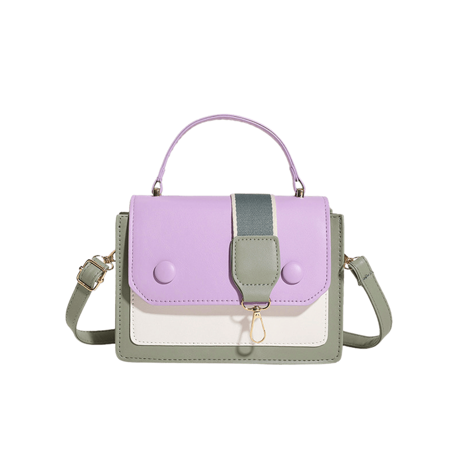 Splicing PU ladies handbag with decorative webbing on the flap and studs