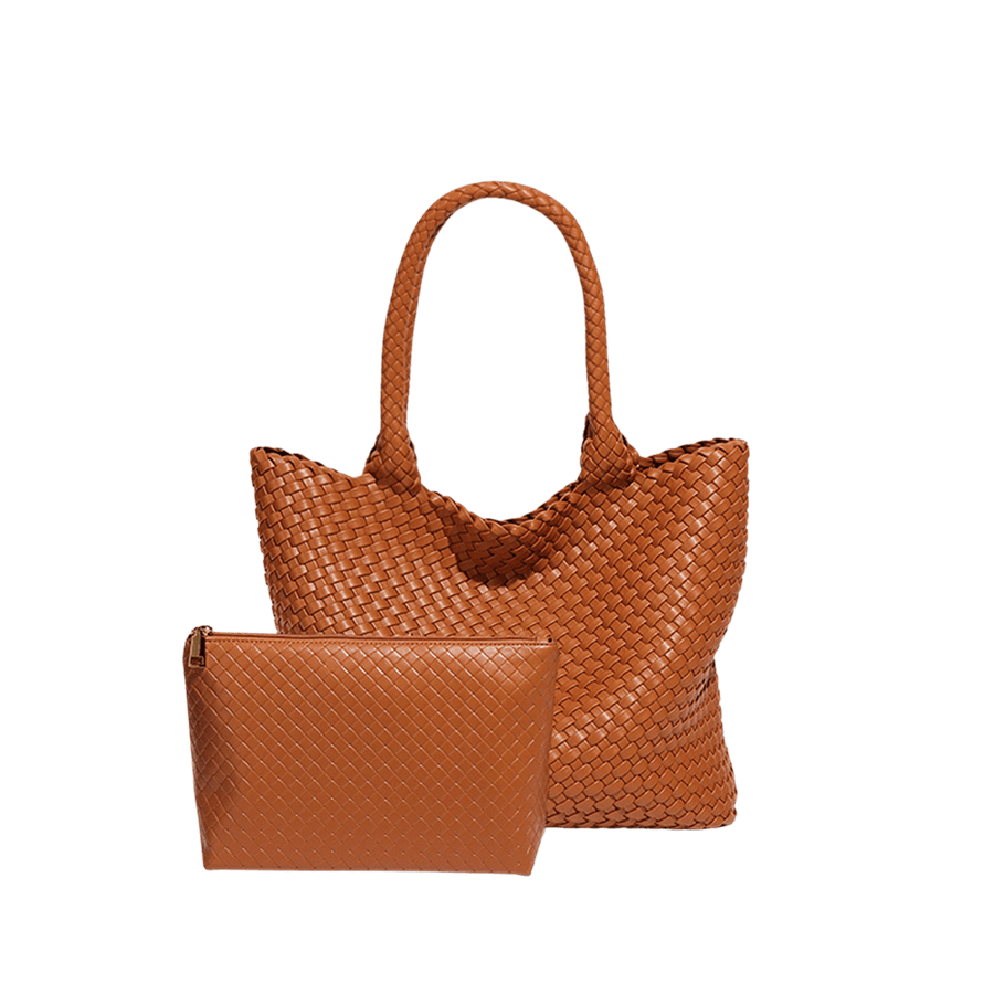 Brown weave PU ladies handbag sets with magnetic snap closure