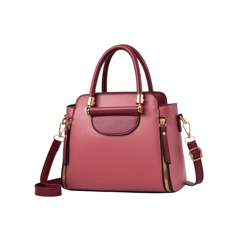 Burgundy ladies handbag with trim PU and metal bar on the handle