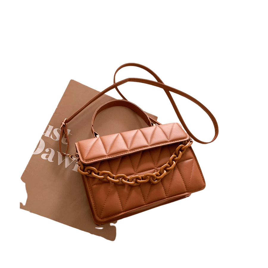 Brown quilting ladies handbag with decorative plastic chain handle and magnetic snap closure