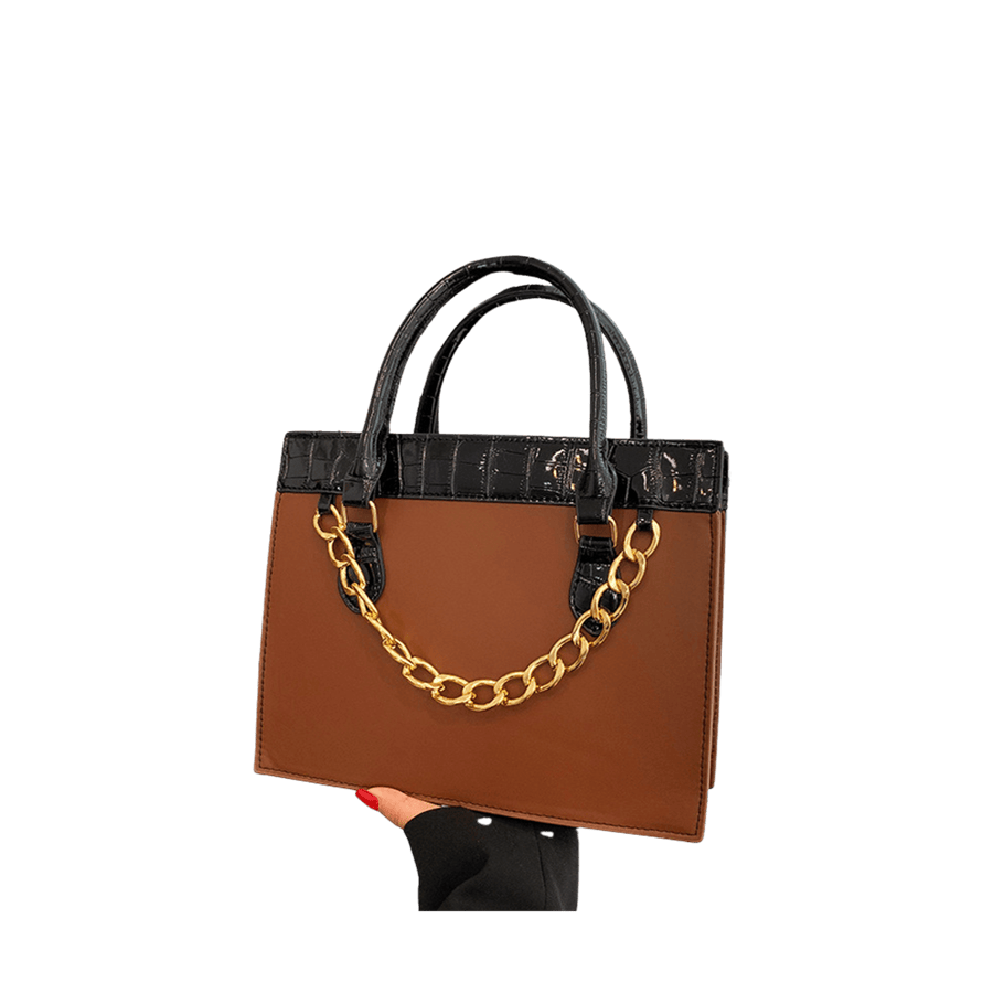 Brown ladies tote bag with black croco trim PU and decorative chain