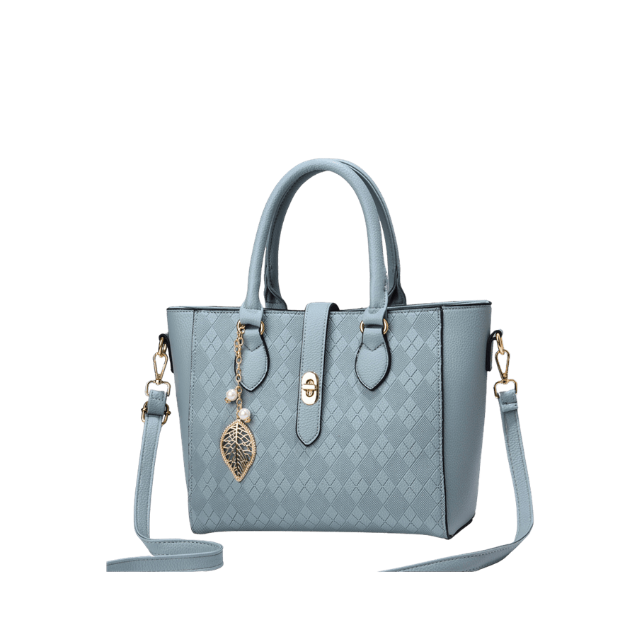 Blue embossed ladies handbag with lock closure and metal leaf hangtag