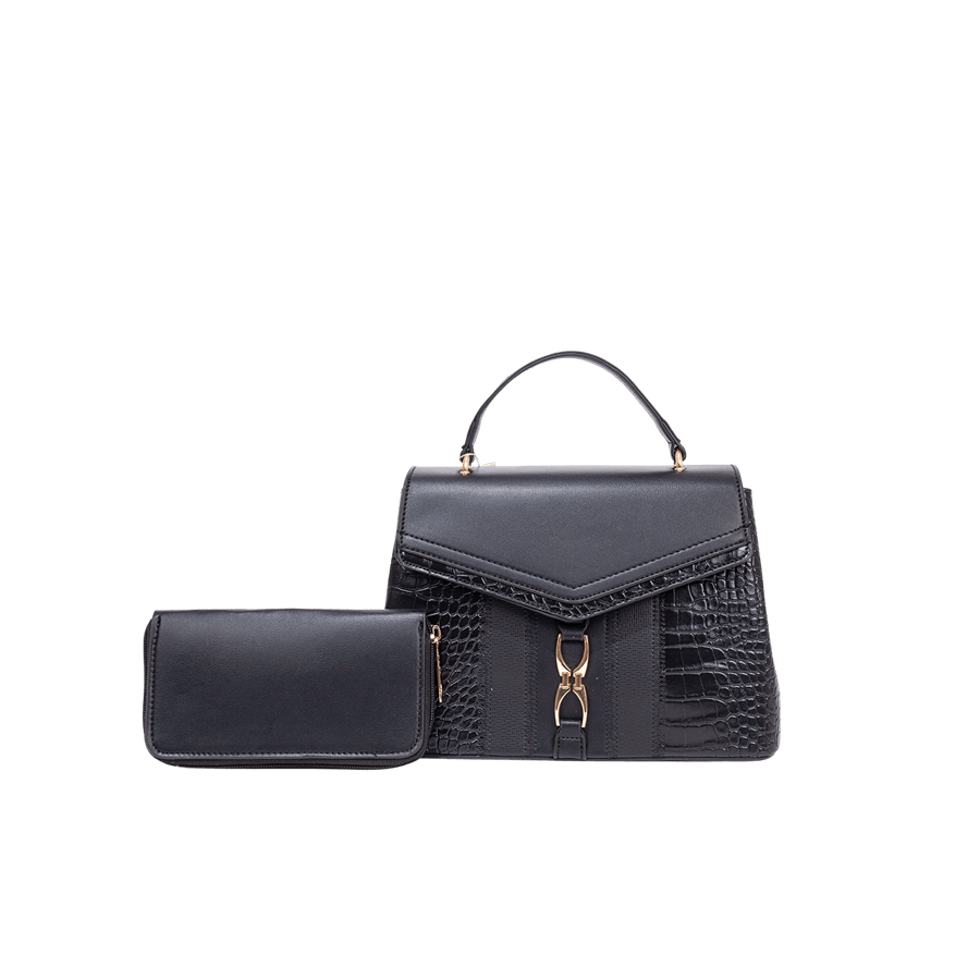 Black croco PU ladies handbag sets with decorative hardware on front and metal bridge