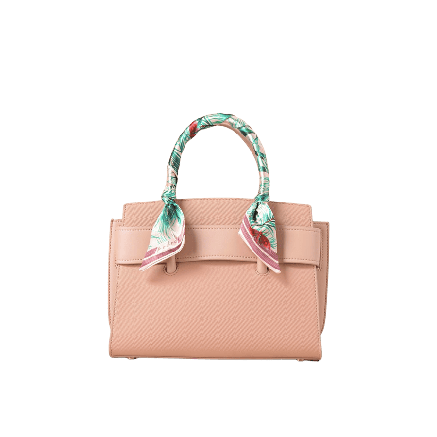 Beige ladies tote with decorative scarf and bottom metal feets