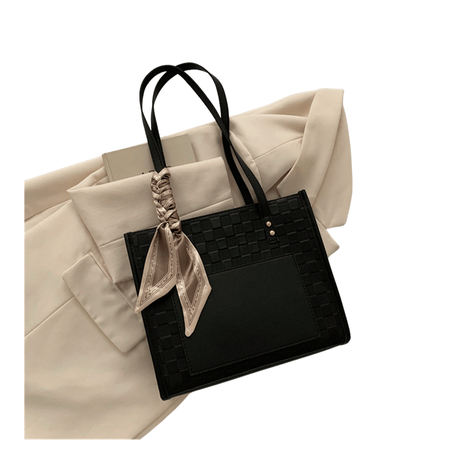 Black weave PU ladies tote with decorative scarf on the handle