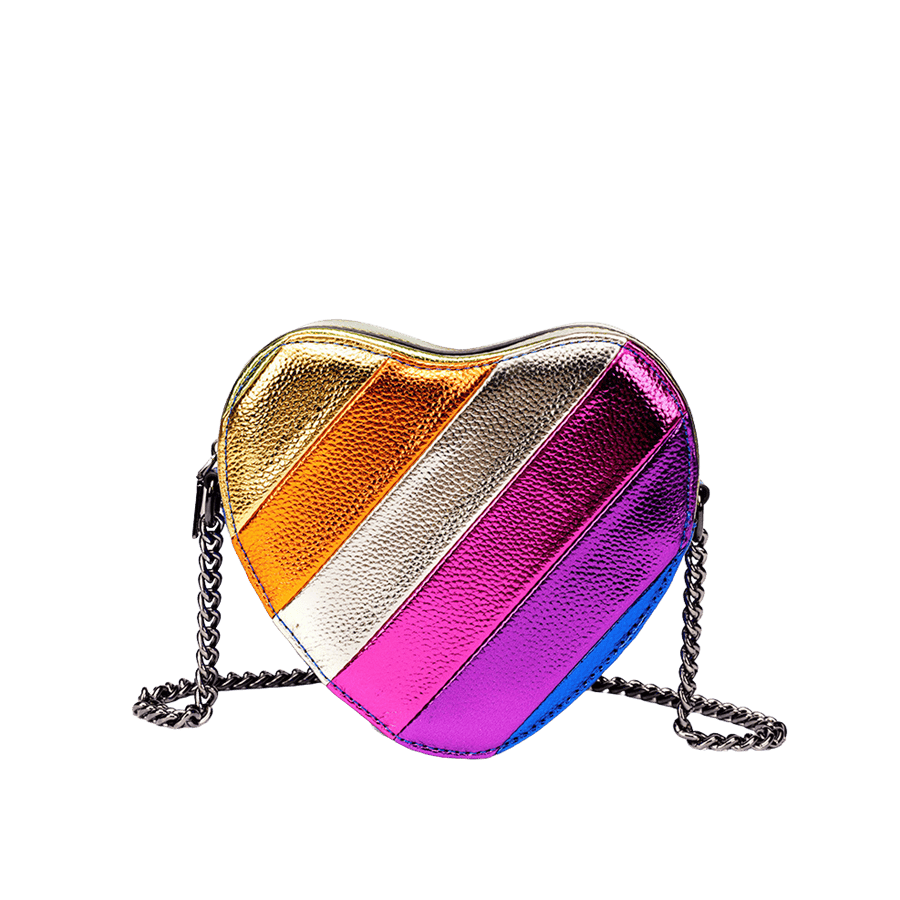Splicing heart-shaped ladies crossbody bag with decorative hardware and zip closure