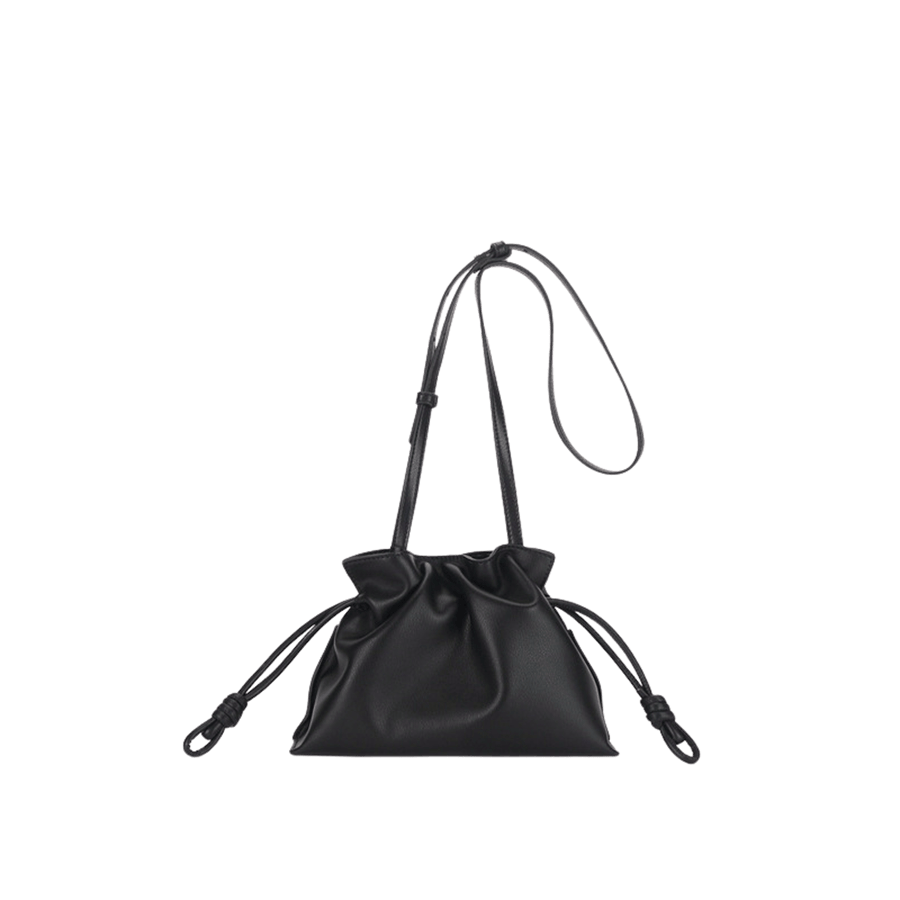 Black ladies drawstring bag with adjustable shoulder strap