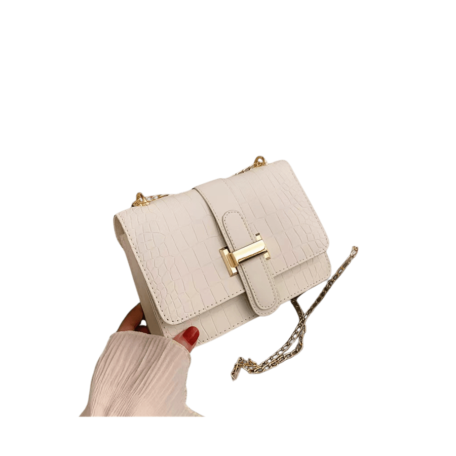 White croco PU ladies handbag with metal bridge on the flap and magnetic snap closure