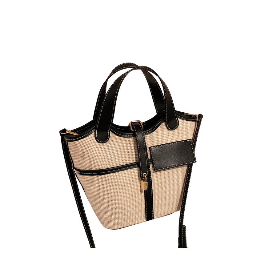 Beige canvas tote with black trim PU and lock closure