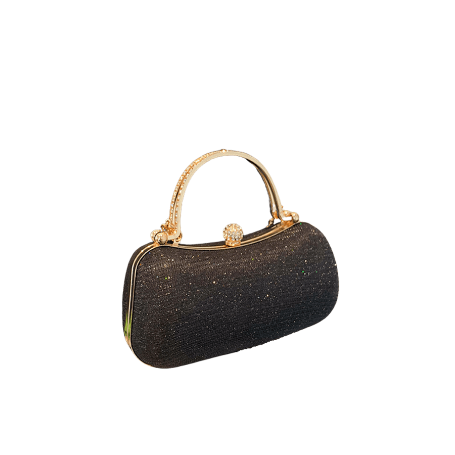 Black rhineston ladies clutch bag with metal handle and framed closure