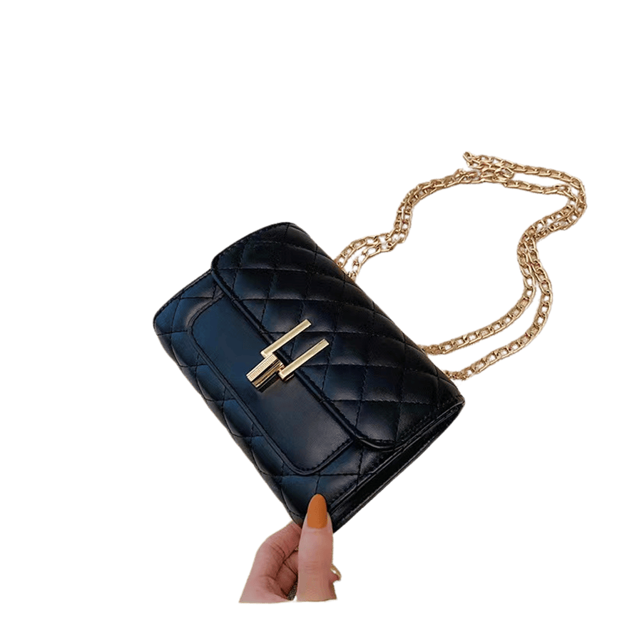Black quilting ladies handbag with lock closure and chain handle