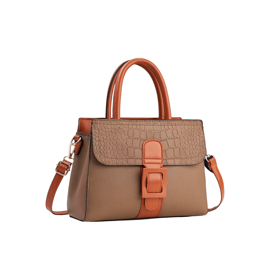 Camel ladies handbag with orange trim PU and orange buckle