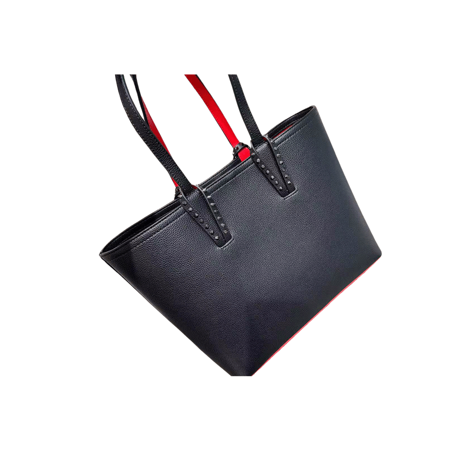 Black pebble PU ladies tote with red trim PU and decorative studs
