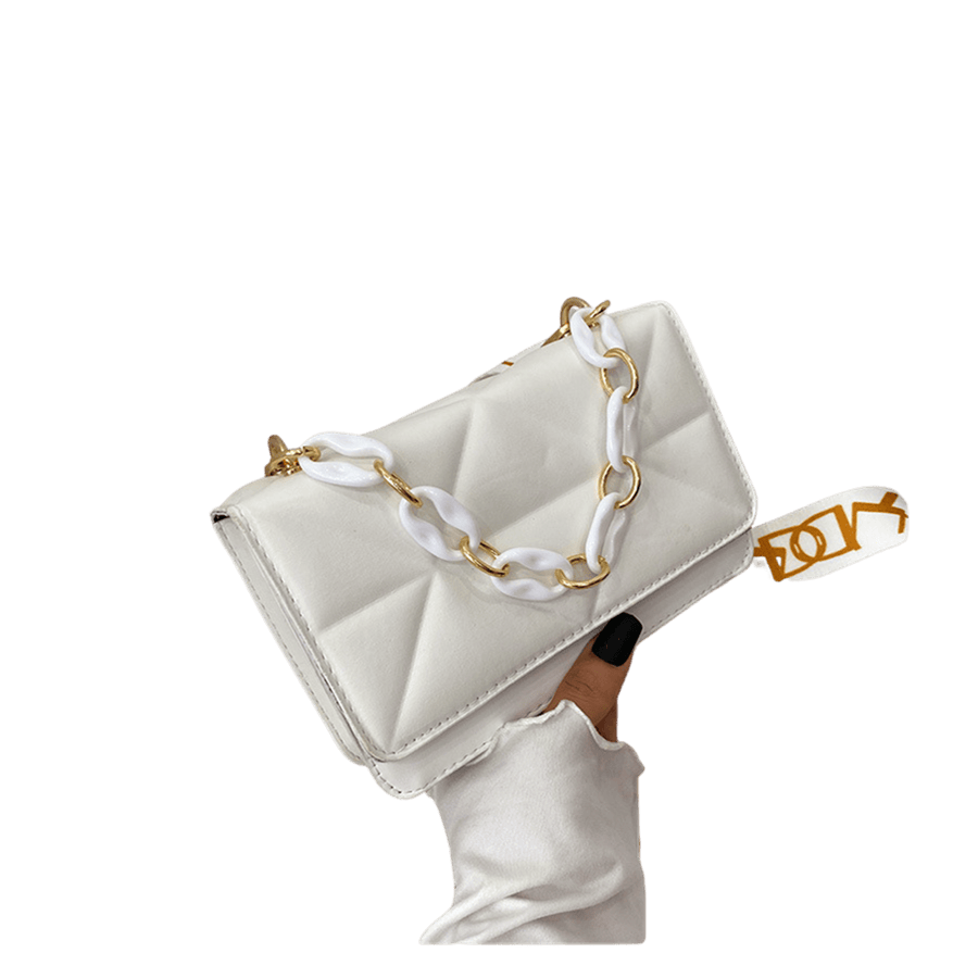 White quilting ladies handbag with plastic handle and macnetic snap closure