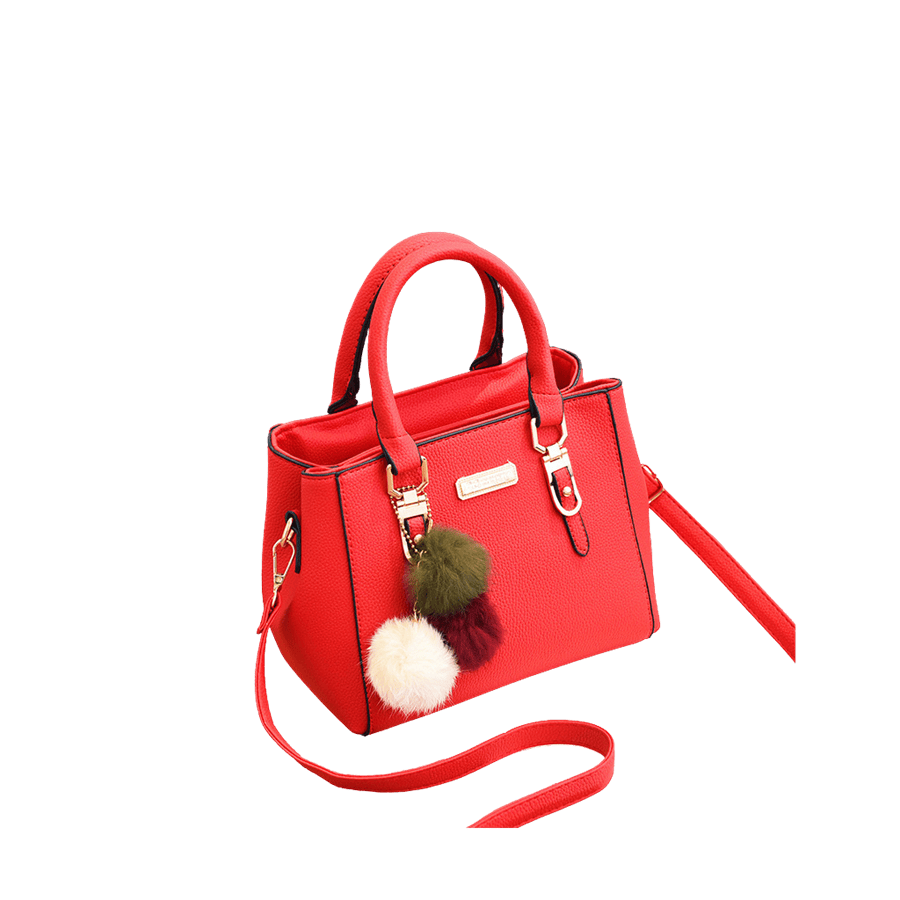 Red mini ladies tote bag with three pompom and metal tab of handle