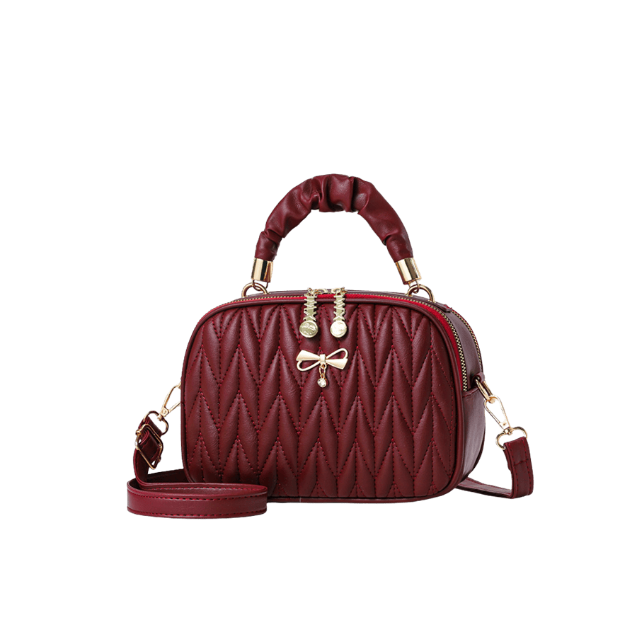 Burgundy quilting ladies handbag with plicated handle and decorative metal bowknot