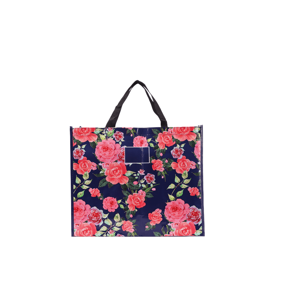 Floral ladies Tote with blue trim PU