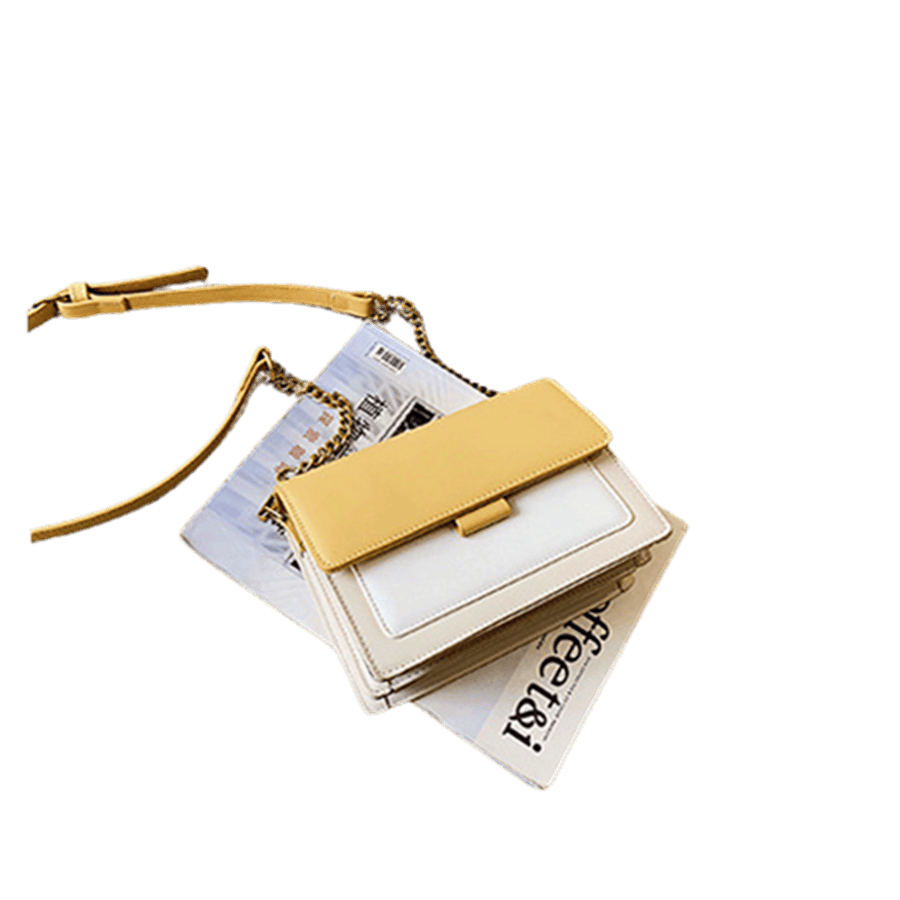 Beige ladies crossbody bag with yellow trim flap and magnetic snap closure