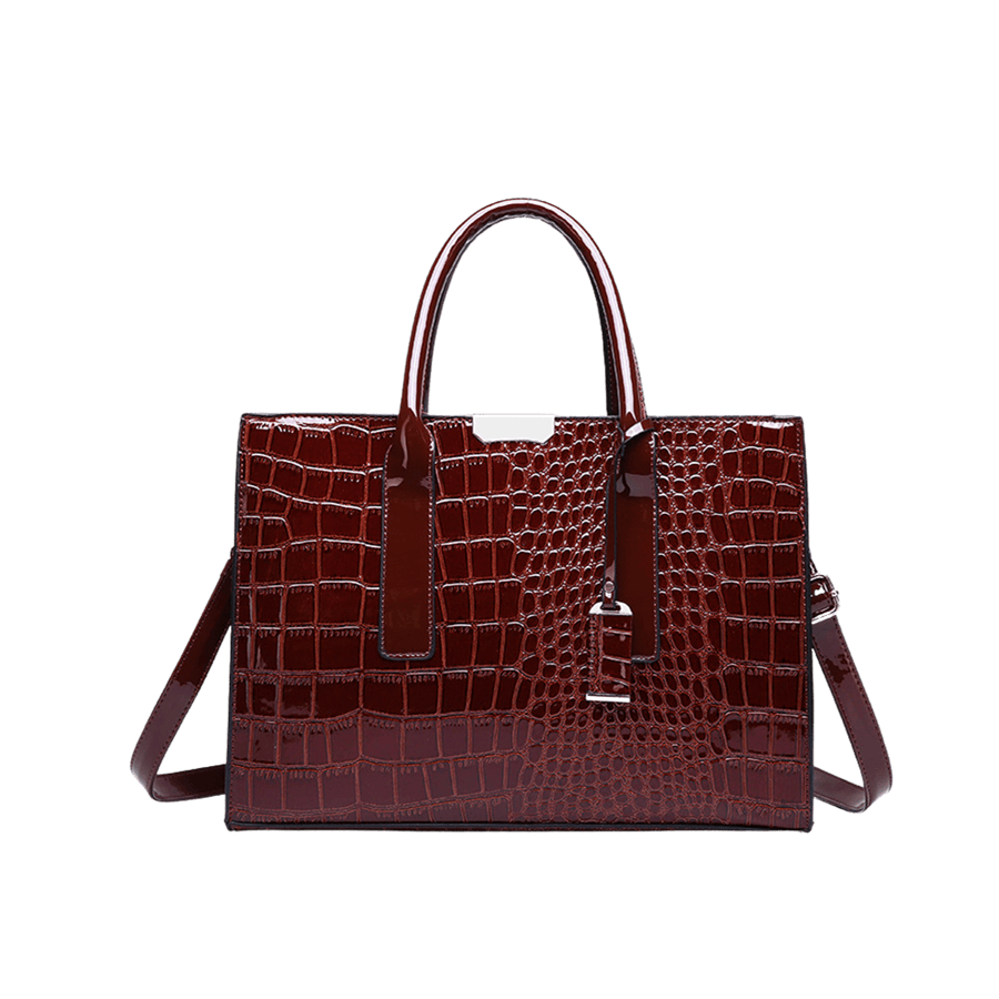 Burgundy croco PU ladies tote bag with metal edge and detachable hangtag