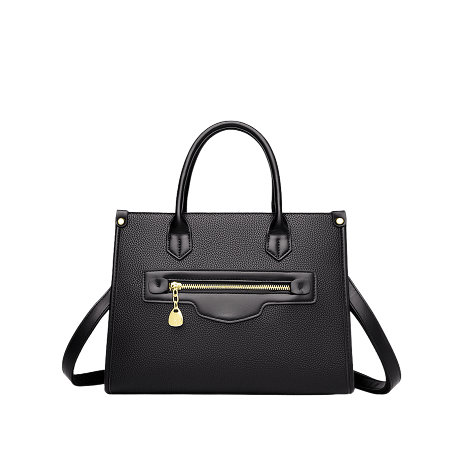 Black pebble PU ladies handbag with black trim PU and front zipper pocket