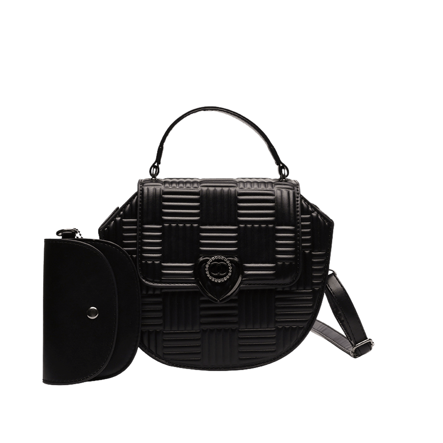 Black embossed handbag sets with decorative hardware on the flap